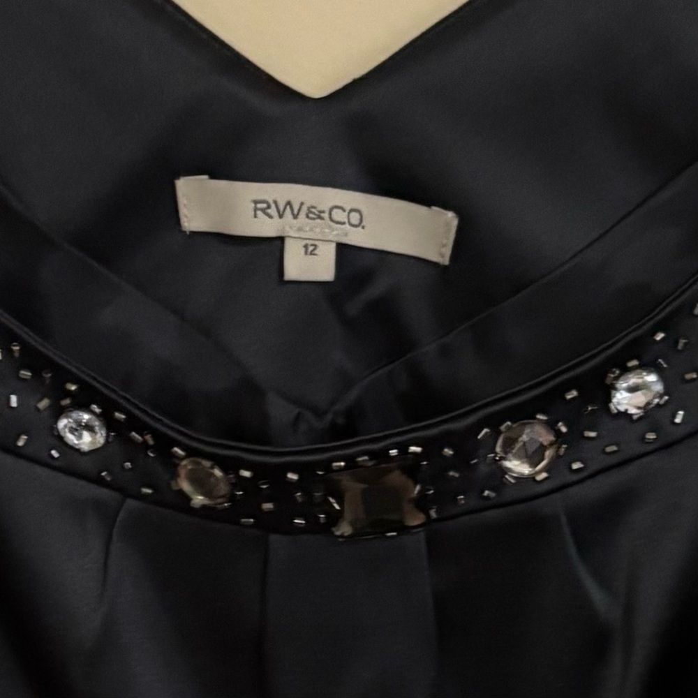 RW&CO.| Black Satin Cocktail Event Dress with Sparkling Gem Rhinestones Sz 12 - Picture 7 of 10